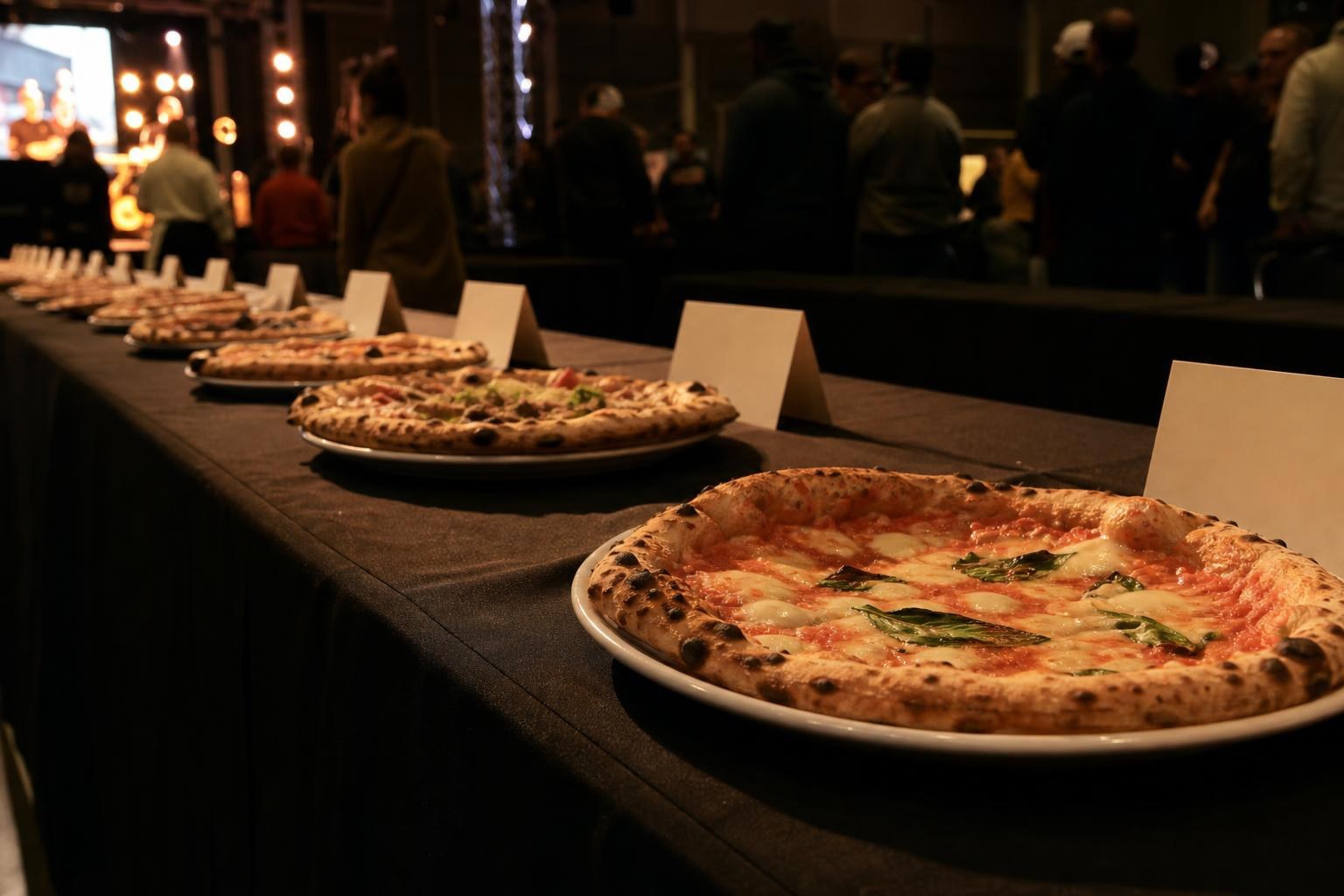 Competition pizzas lined up on a judging table under event lighting