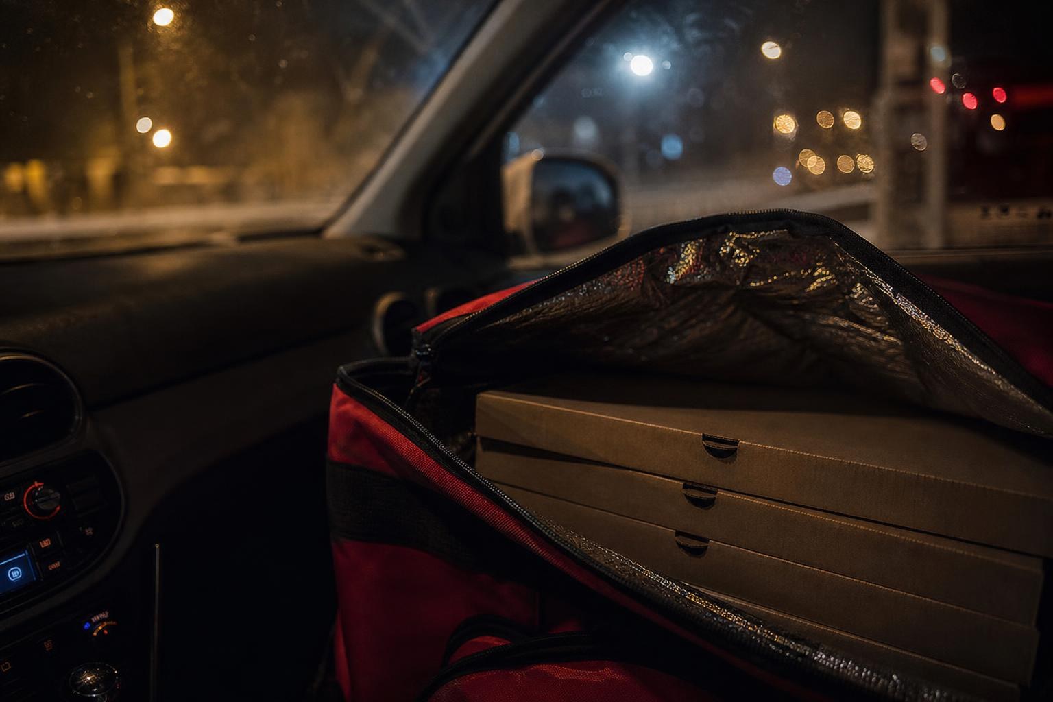 An insulated delivery bag with pizza boxes on a car seat at night, city lights through the windshield