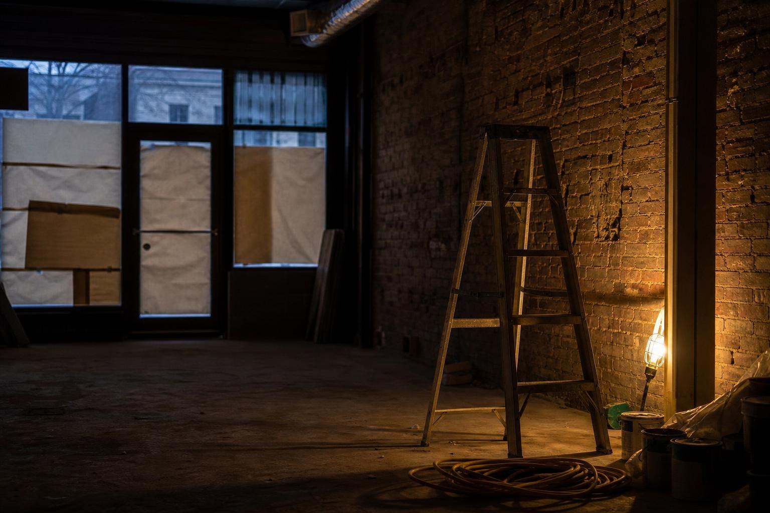 A vacant restaurant space mid-buildout with a stepladder and work lamp against a brick wall