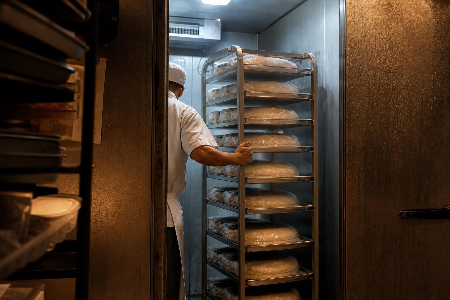 A speed rack of covered dough trays inside a walk-in cooler