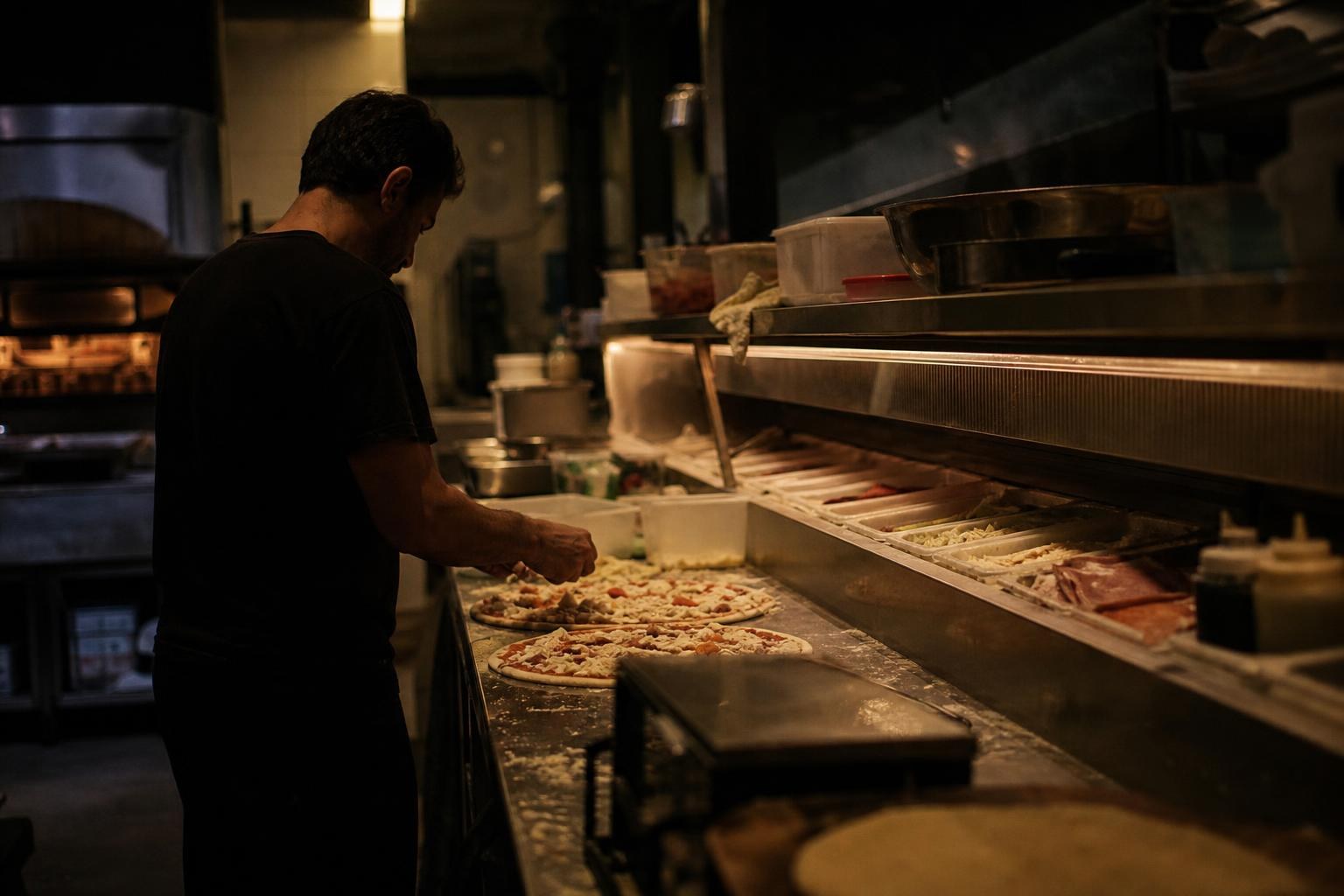 A pizzeria operator tops pizzas at a stainless prep line under warm light