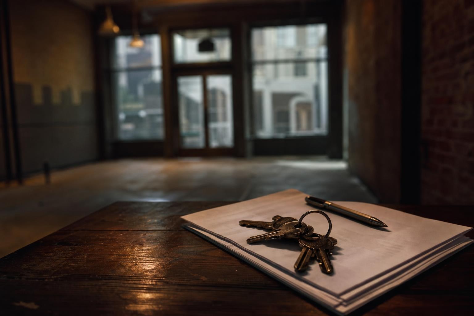 A ring of keys on folded documents in a dim vacant storefront