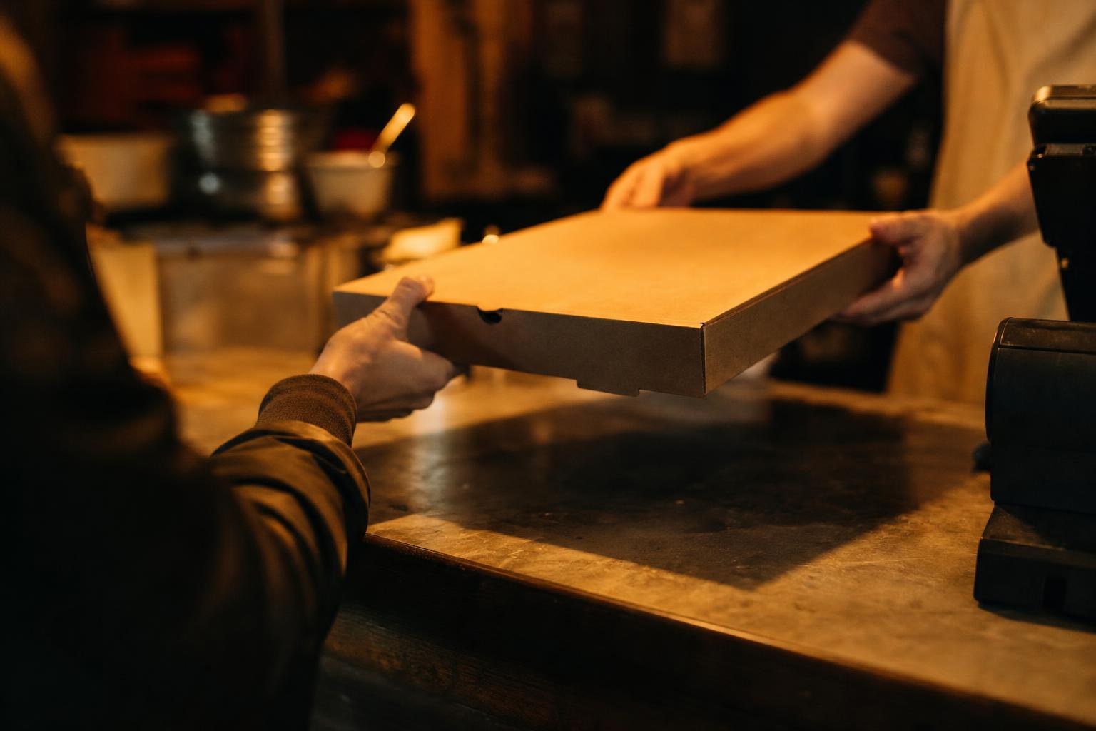 A pizza box passed across a worn counter between customer and counter person