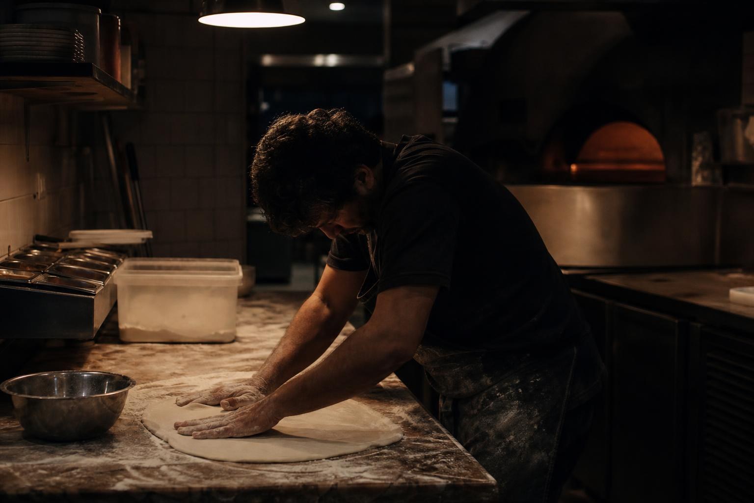 A pizzaiolo stretches dough on a flour-covered workbench