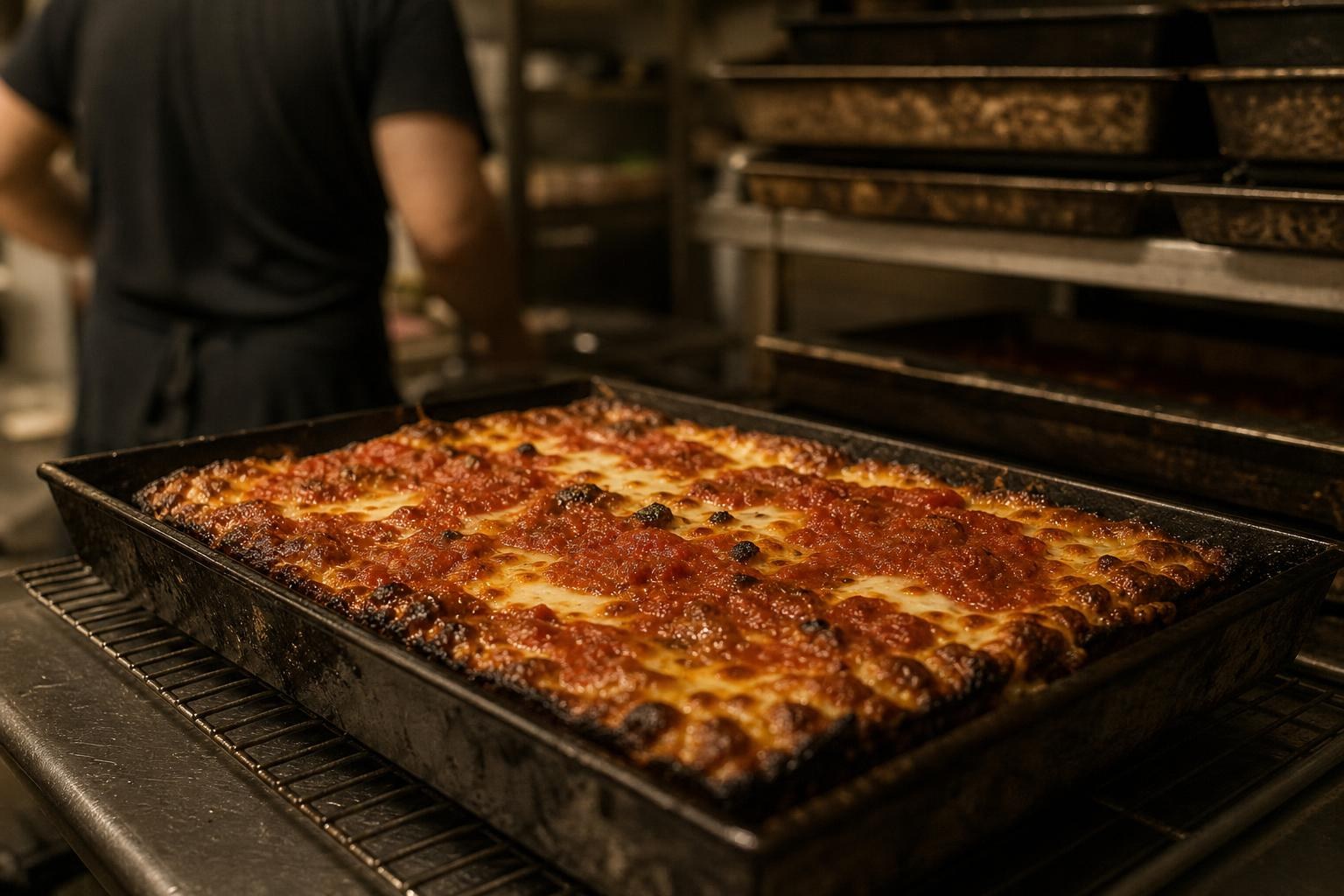 A Detroit-style pan pizza with caramelized cheese edges in a blackened steel pan