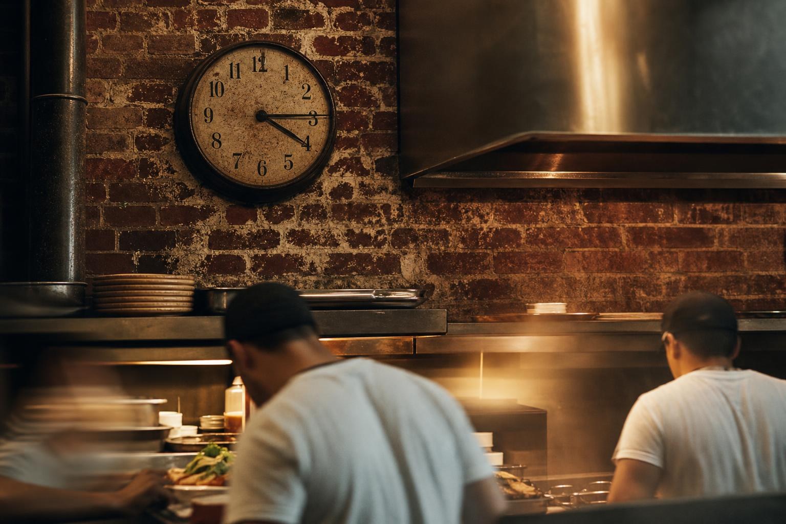 A wall clock above a busy pizzeria makeline in motion