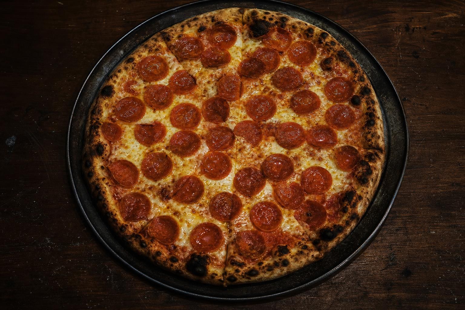 A charred pepperoni pizza on a steel pan on a dark wood table