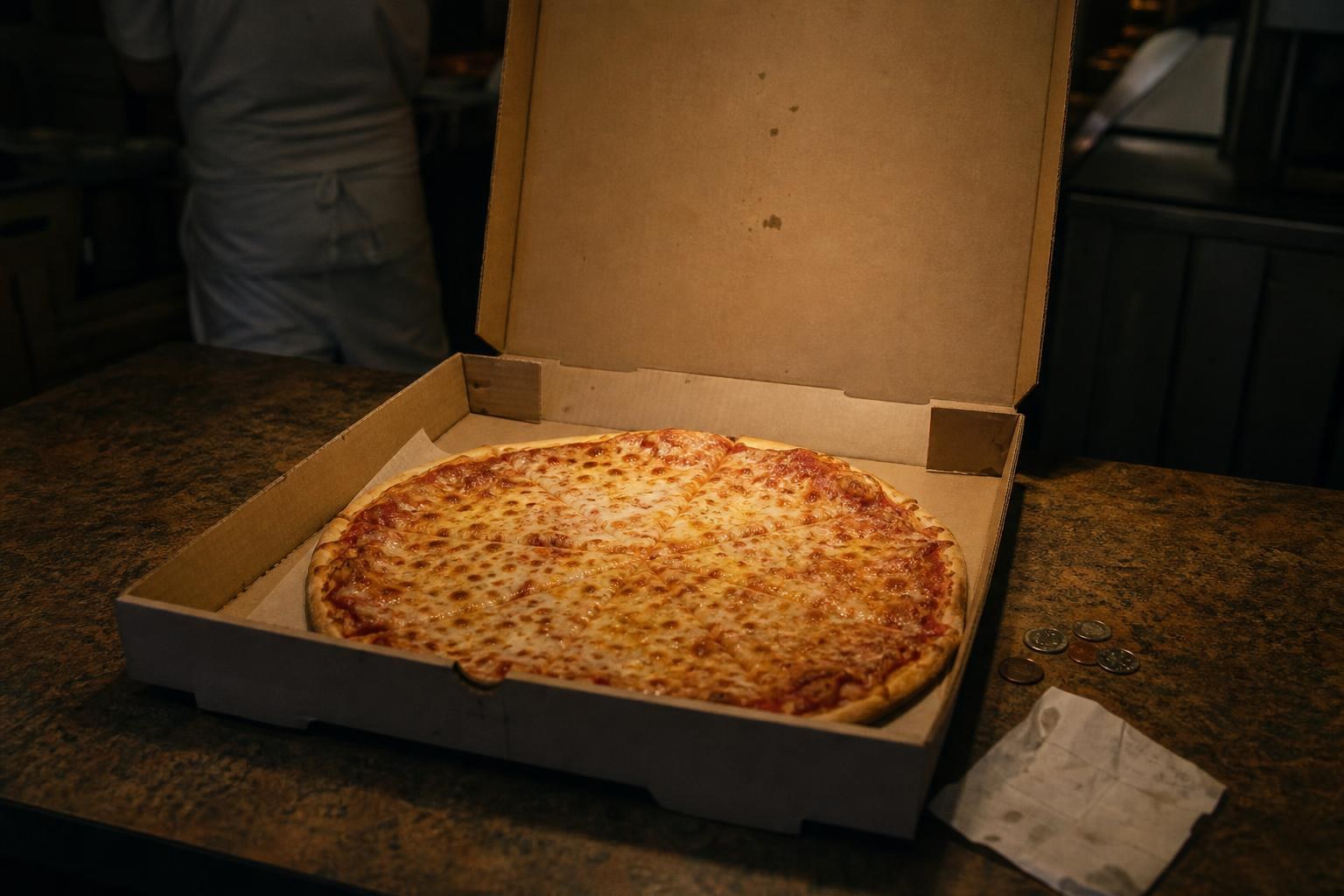 A plain cheese pizza in an open box beside a crumpled receipt and coins
