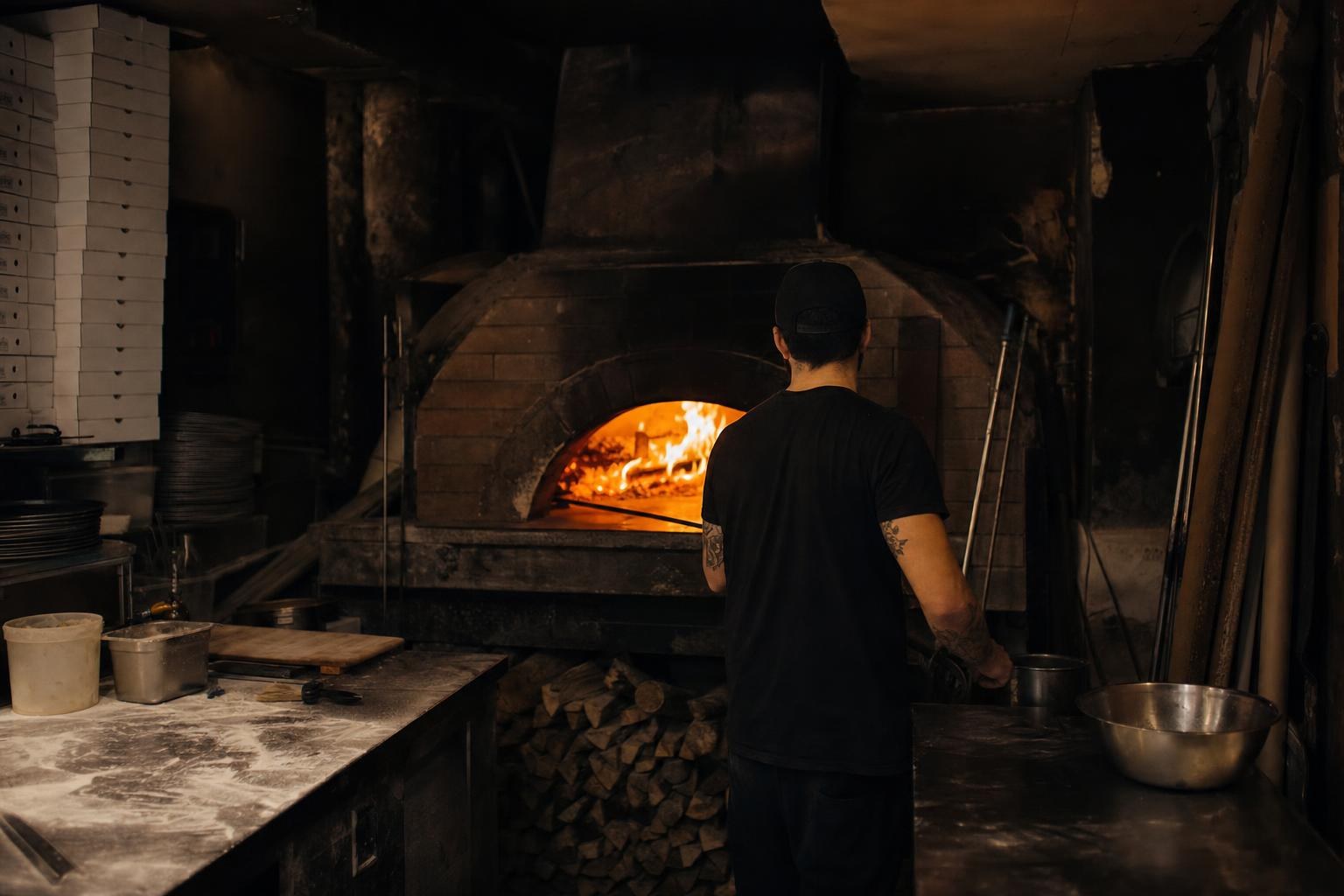 A pizzaiolo works at a blazing wood-fired oven in a dark pizzeria